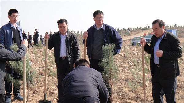 诸城市委主要领导连续四届华山农林万亩榛子示范基地植树现场